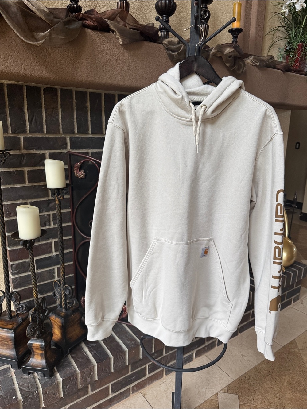 Carhartt Cream Pullover Hoodie with Sleeve Logo. Men’s Size M. Loose fit.